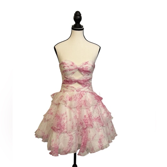 Stacees Candy Pink Floral Strapless Ruffle Mini Dress 💕 NWT US2 - Picture 4 of 7